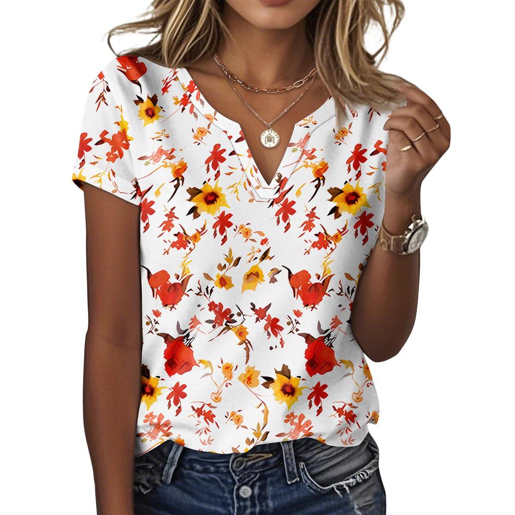 Женская повседневная футболка с цветочным принтом, пуловер с V-образным вырезом и коротким рукавом
