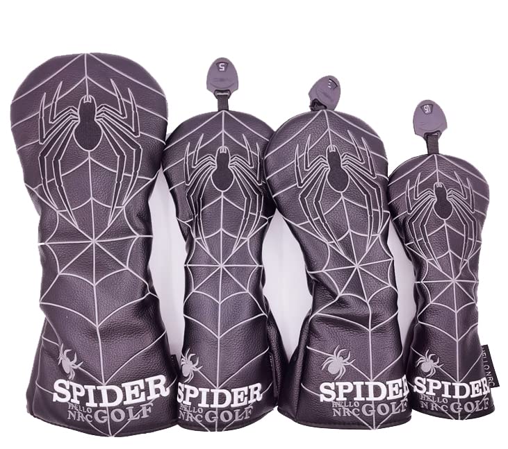 Набор из 4 чехлов для клюшек для гольфа: 1 чехол для драйвера, 2 чехла для вудов/FW, 1 чехол для гибрида/UT с бирками для конверсии. Пауки Паук 2022 НОВИНКА (черный (DR+FW+FW+UT))