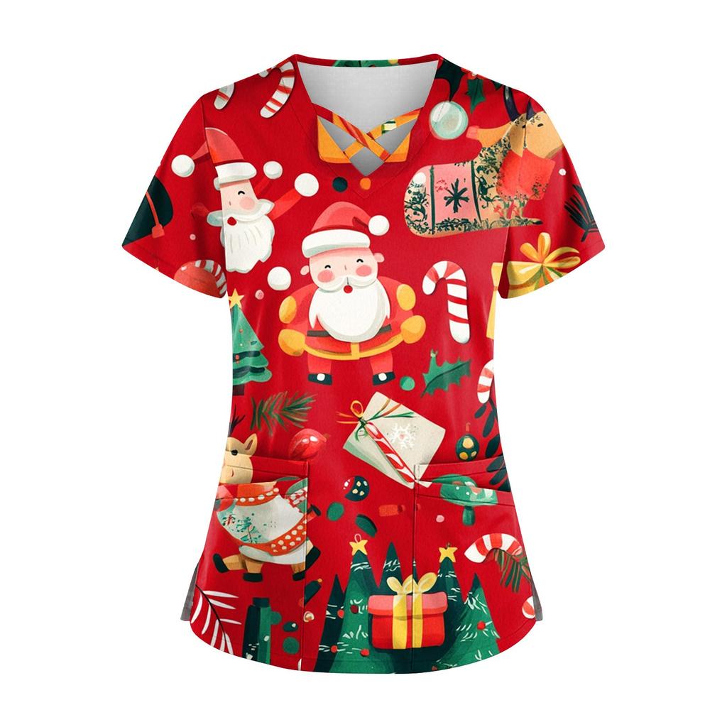 Women's Short Sleeve Stagger V Neck Christmas Print Pocket Dry-nurse Top