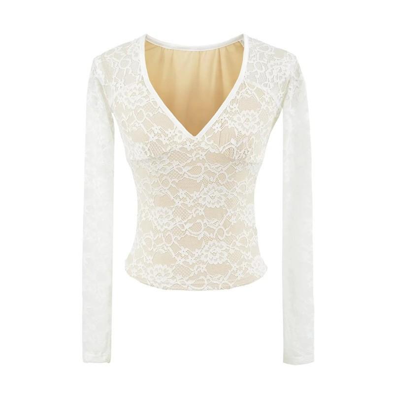 Womens Pure Desire Style Lace Top Skirt Set V-neck Long Sleeve Slim Fit Short High Waist Hip Sexy Y2K Outfit
