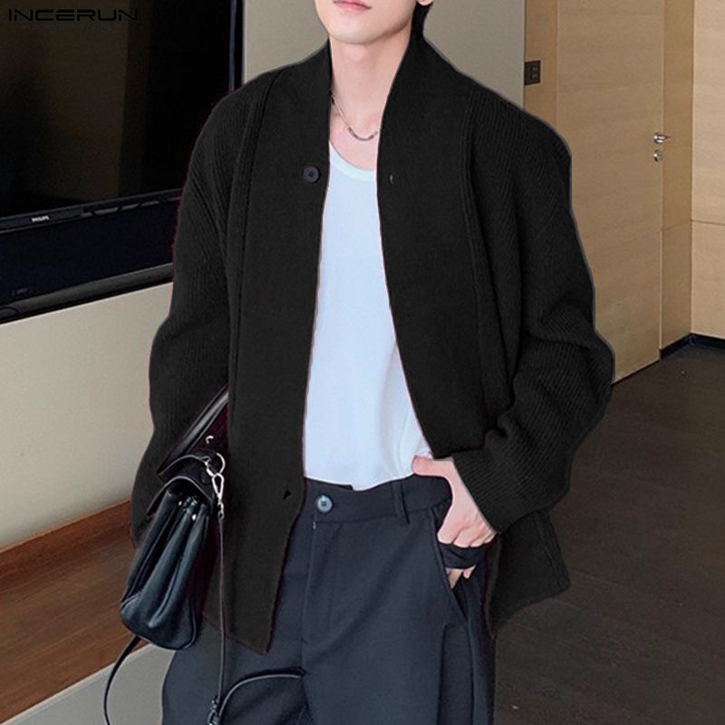 INCERUN Oversized Men V Neck Long Sleeve Front Cross Buttons Rib Casual Loose Cardigan