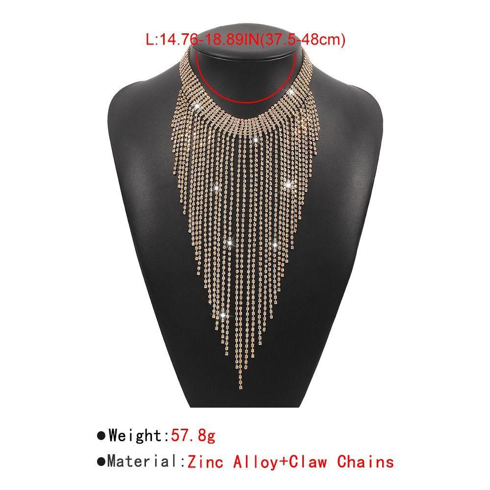 Geometric Long Tassel Necklace Sparkling Clavicle Chain Sweet Full Rhinestone Necklace Women