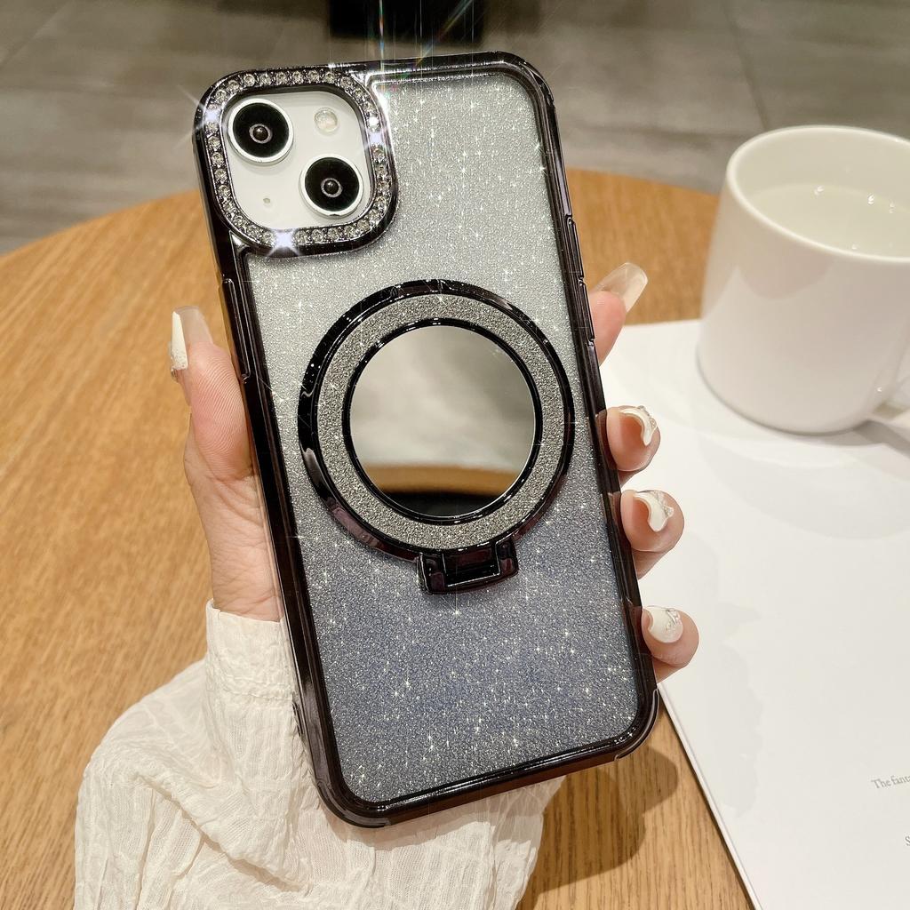 Подходит для iPhone15promax Зеркальная магнитная подставка, Чехол для телефона, Вспышка для объектива iPhone 14, 13 Градиентный глиттер