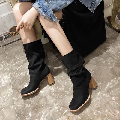 Модные плиссированные ботинки с напуском 2024 Осень Новые замшевые кавалерийские ботинки Ретро Универсальные с круглым носком Сетевые Красные Ботинки в стиле вестерн ковбойские ботинки