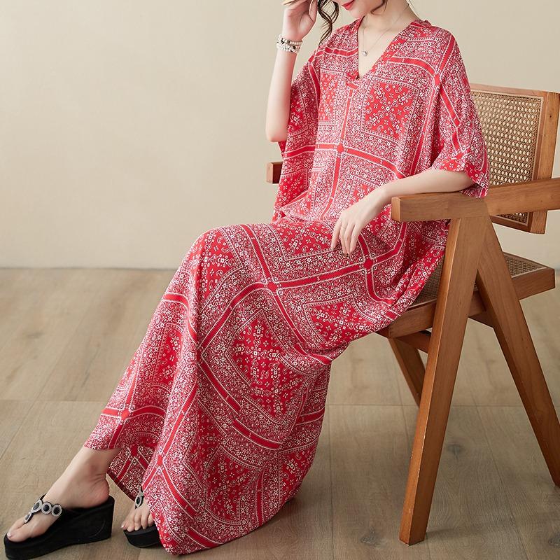DIMANAF Women 2024 Plus Size Spring Summer Oversize Style Dress Beach Elegant Floral Long Dress Oversize Basic Loose Dress Plus Size