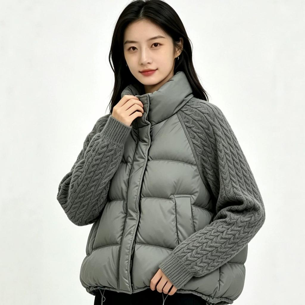Women's stand-up collar short cotton clothes, knitted splicing sleeves, and a loose winter warm top.