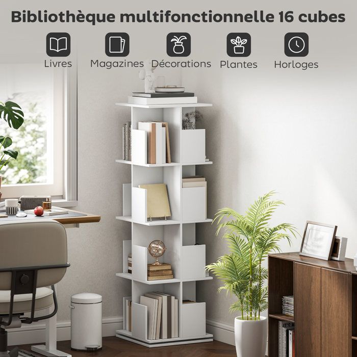 Bibliothèque - HOMCOM - rotative - 4 niveaux - 16 compartiments - panneau de particules - 39 x 39 x 128,3 cm - blanc