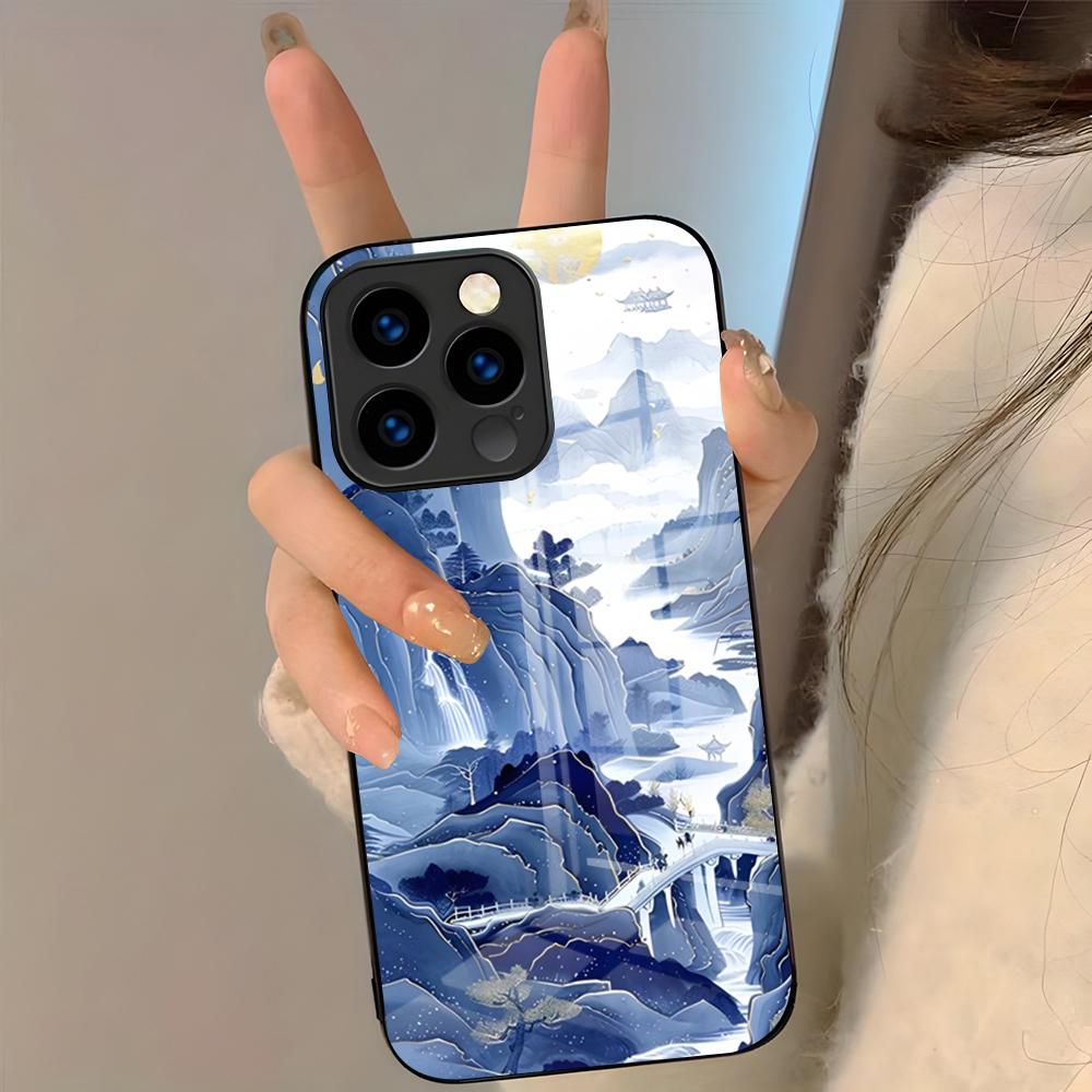 Восточный сине-белый чехол для телефона для IPhone 17 Pro Max 16 15 14 Pro Max 13 11 Plus Стеклянная крышка