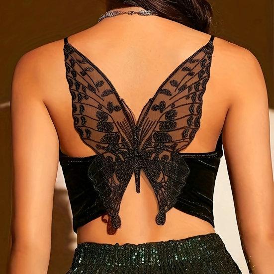 Butterflies Embroidered Sling Vest Women Sexy V-Neck Sleeveless Top Solid Color Slim Fit Short Club Camisole
