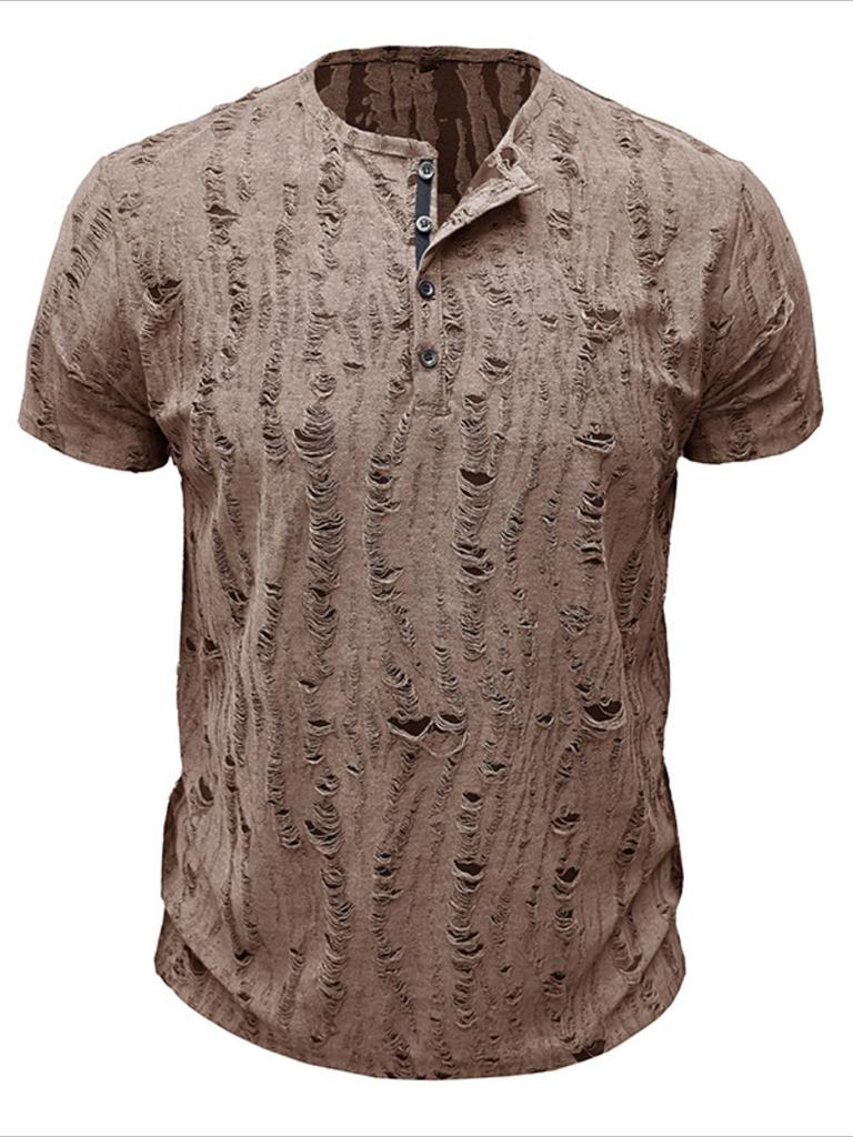 Мужская футболка с коротким рукавом, рваная, ретро, мужская мода, рубашка-henley, мужские повседневные модные топы, приталенный крой