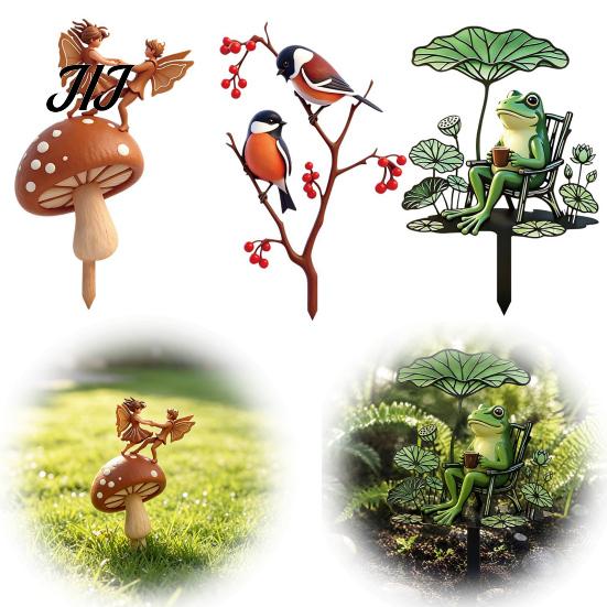 Decorative Outdoor Yard Art Metal Garden Stake, Cute Frog Lotus Leaf/Mushroom/Birds on Tree Branch Gardening Gifts for Women Sign, Lawn Ornament