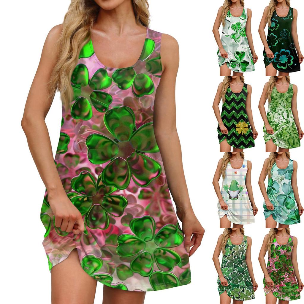 Women's Casual St. Patrick's Day Printed U-Neck Vest Dress With Side Pockets