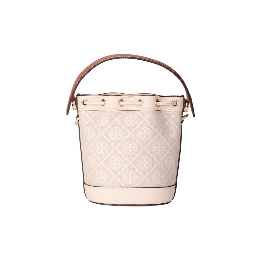 Tory Burch T Monogram All Over Print Drawstring Jacquard Fabric Leather Trim Bucket Bag Mini Women Bags Ivory 80534-254