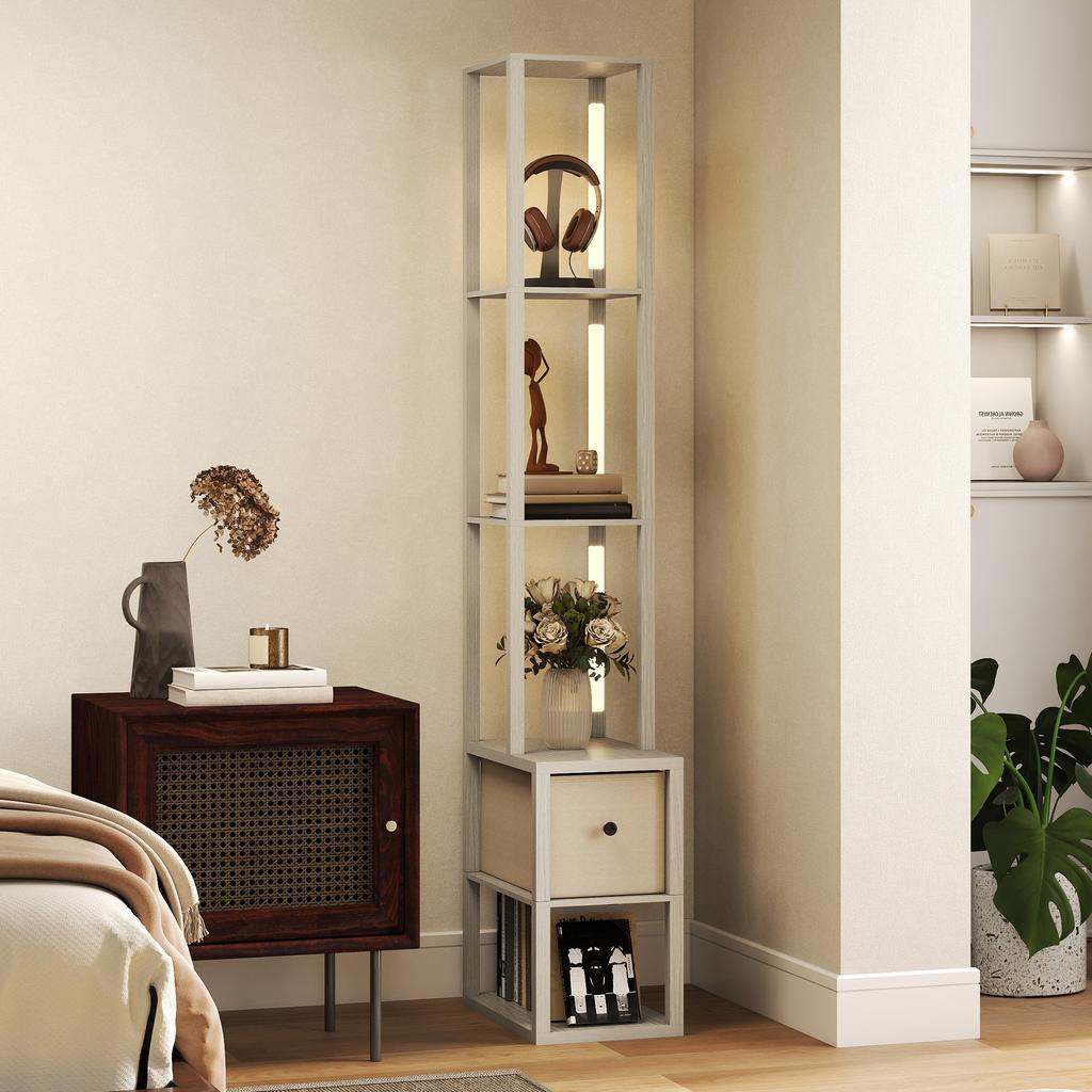 Floor Lamp with Shelves, LED Column Modern Standing Lamp with Fabric Drawer, Adjustable Brightness, Foot Switch for Living Room, Bedroom, Office, Oak
