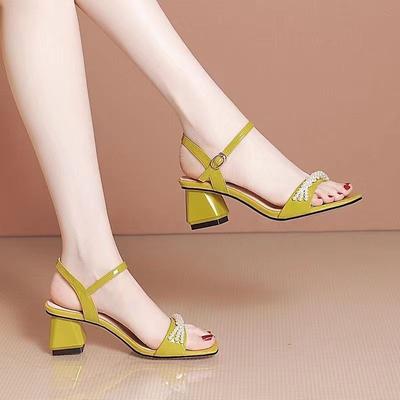 2024 Женские элегантные летние повседневные босоножки с открытым носком, модные толстые высокие каблуки, однорядные пряжки, бусины, легкие женские туфли