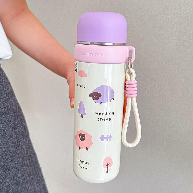 Dual-Use Cartoon Thermos Cup with Cute Rope - Stainless Steel Portable Water Bottle for Girls