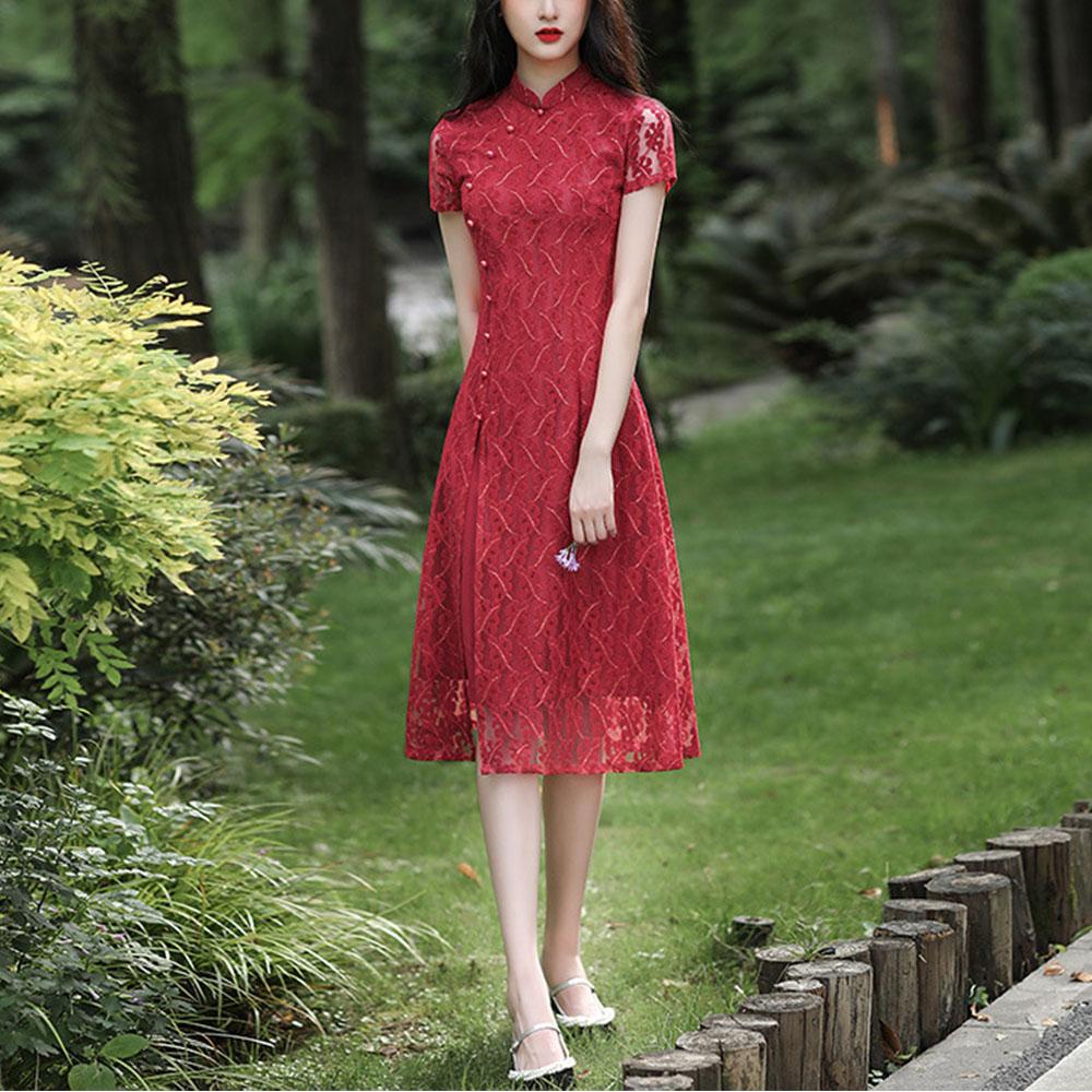 Кружевное повседневное платье Cheongsam средней длины с низким вырезом, облегающее платье больших размеров в китайском стиле Ao Dai