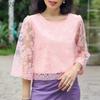 Women Summer Round Neck 3/4 Sleeve Hollow Lace Patchwork Blouse