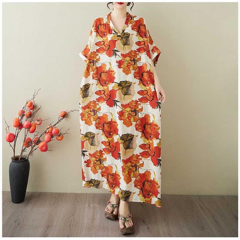 Women's Vintage Long Dress with Cotton and Linen Patterns