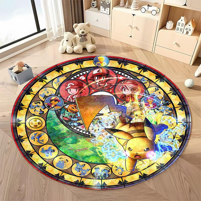 Free Shipping! Cute Pokemon Round Carpet Bedroom Living Room Sofa Decor Mat with Pikachu Charmander Print, Outdoor Camping Rugs