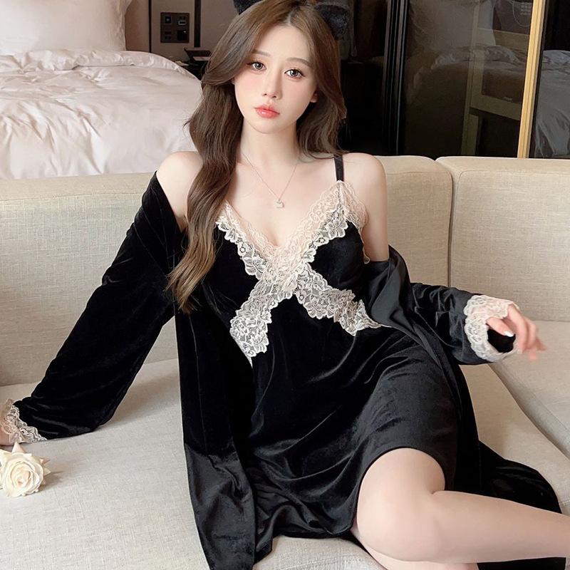 Длинные рукава брюки домашнее платье пижама для женщин три части пижамный комплект женский весна осень зима милый кружевной кардиган с застежкой