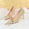 European and American Thin Heel Shallow Mouth Pointed Cloth Plaid Thousand Bird Check Metal Chain Pearl High Heel Shoes