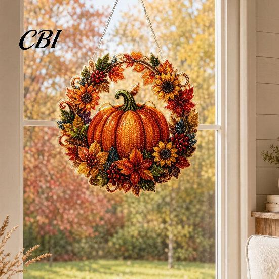 Unique Festive Hanging Decor Fall Pumpkin Sunflower Wreath Decor, Acrylic Hand Painted Holiday Decoration Window Ornament, Thanksgiving Halloween