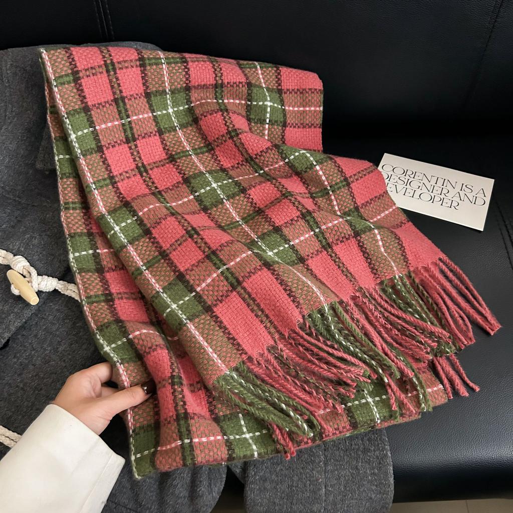 Autumn and Winter High-end Fashion Woven Plaid Scarf Sweet and Elegant Temperament Imitation Cashmere Warm Fringed Shawl