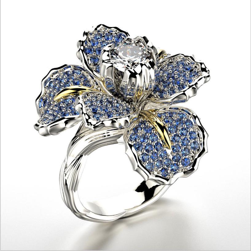 Blue Topaz Two-Color Iris Flower Ring for Women