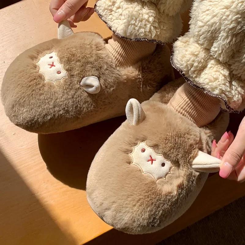 Женские милые тапочки с мультяшным ягненком, зимние плюшевые теплые домашние хлопковые туфли, нескользящие домашние тапочки с овечьей шкурой, мягкие тапочки с подошвой