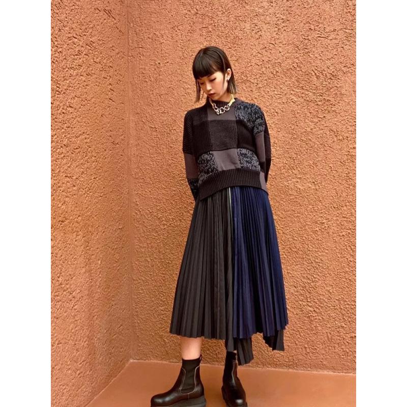 FOG SACAI SS23 Полосатая Пэчворк Юбка Миди на Молнии - Повседневный Плиссированный Дизайн