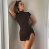 Split Dress Summer Short Sleeved High Neck Sexy Halter Temperament Bag Hip Dress