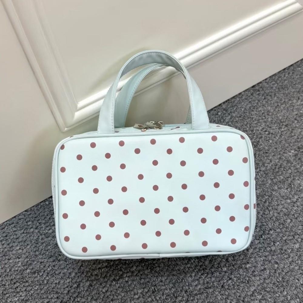 Portable Polka Dot Makeup Bag Large Capacity with Handle Cosmetic Bag Three Layer PU Travel Toiletry Bag