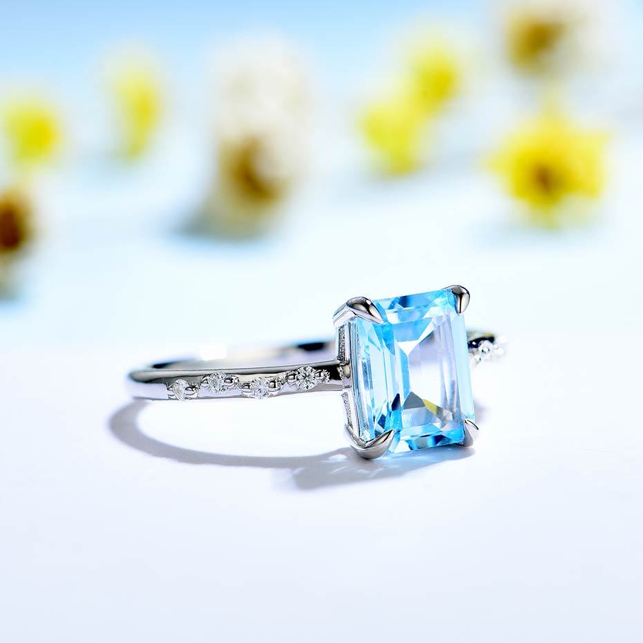 Nautral Blue Topaz Moissanite Gemstone Rings for Women 925 Sterling Silver Promise Wedding Engagement Designer Jewelry