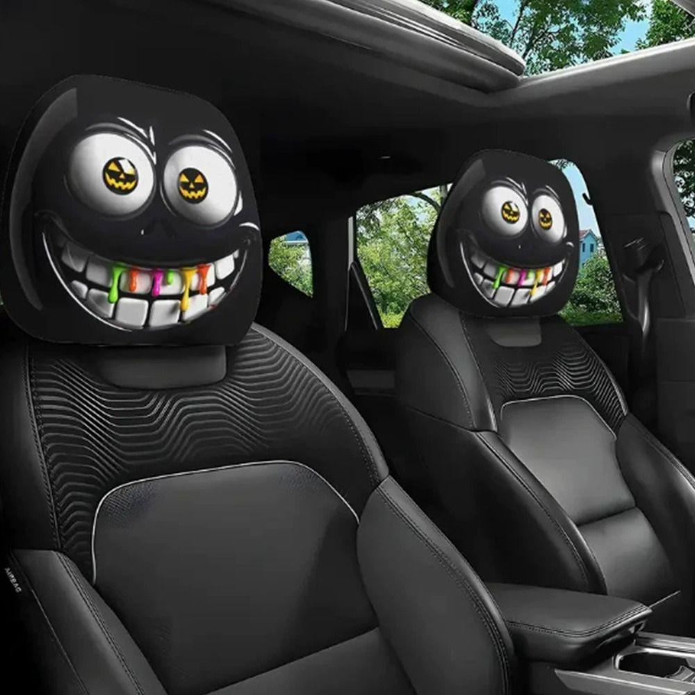 2Pcs Black Car Headrest Cover Scary Face Printing Car Headrest Protector Car Seat Cover  Halloween