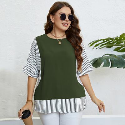 Рубашка с круглым вырезом и короткими рукавами. Пуловер для женщин. Тонкая повседневная рубашка с полосатым принтом в стиле пэчворк. Дышащая легкая удобная свободная летняя рубашка плюс.