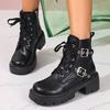 Fashion Women's Chunky Heel Combat Boots Black PU Leather Platform Ankle Boots for Women Fashion Buckle Strap Lace Up Motorcycle Booties