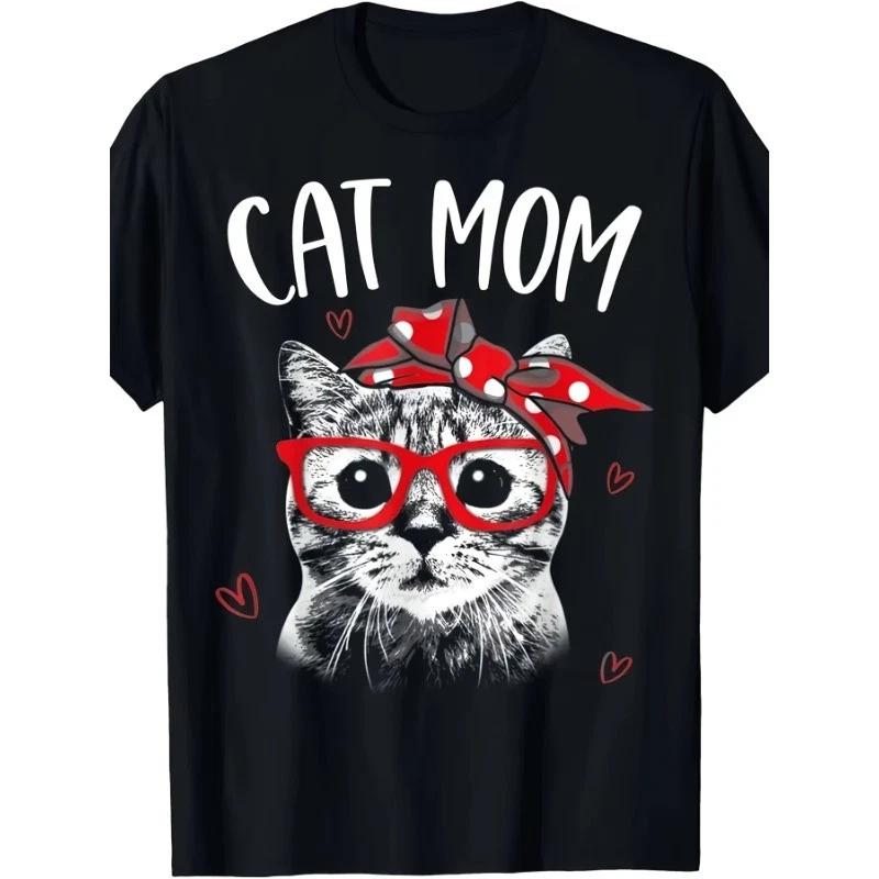 Cat Mom Graphic T-Shirt for Women Vintage Style Cat with Red Bow & Hearts Design