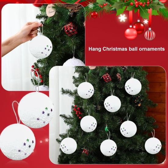 Yousheng 6 шт. Рождественские шары из белой пены, рождественские шары со звездами и блестками, небьющиеся, легкие подвесные шары для украшения елки, декор для праздничной вечеринки