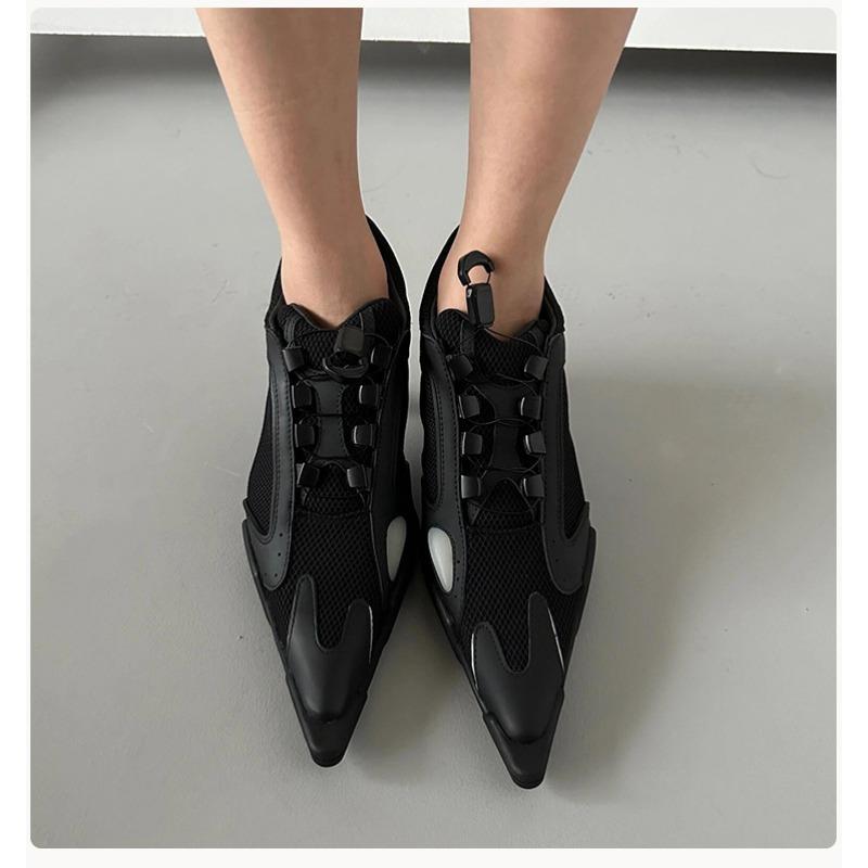 Мода 2025 Весна Черный Заостренный носок Спортивные Высокие Кроссовки Каблуки Женские Сетчатые Боксерские Повседневные Туфли Дизайн Бренда Модная Сексуальная Обувь
