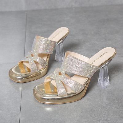 Модные женские туфли на высоком каблуке, летние новые квадратные босоножки с блестками и дышащей водонепроницаемой платформой