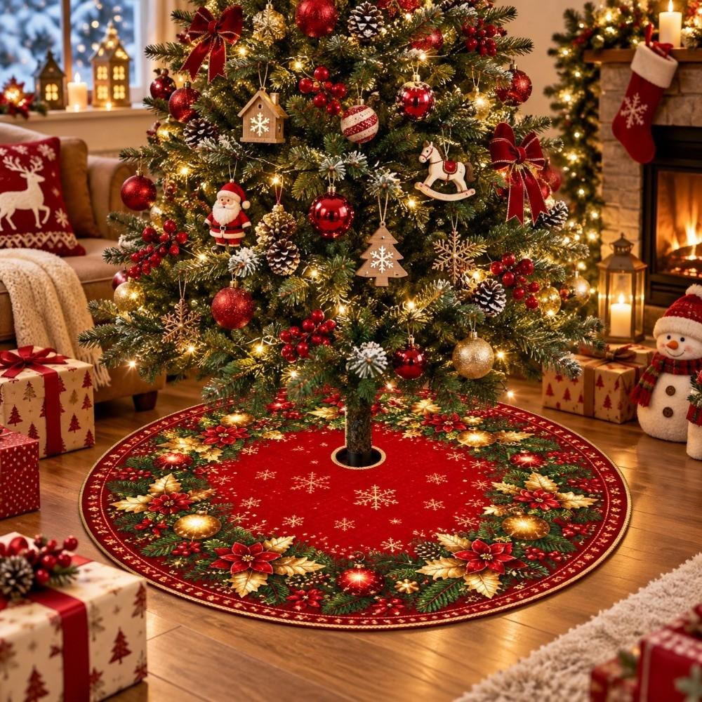 Poinsettia Flower Christmas Tree Skirt Santa Claus Christmas Decorations Christmas Tree Mat  Winter