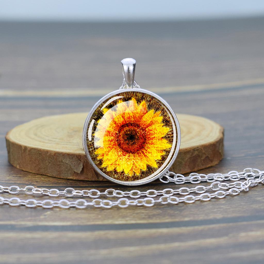 Flower Necklaces Rose Lotus Poppy Cherry Blossoms Sunflower Chains Necklace for Women Glass Cabochon Pendant Jewelry Lover Gift