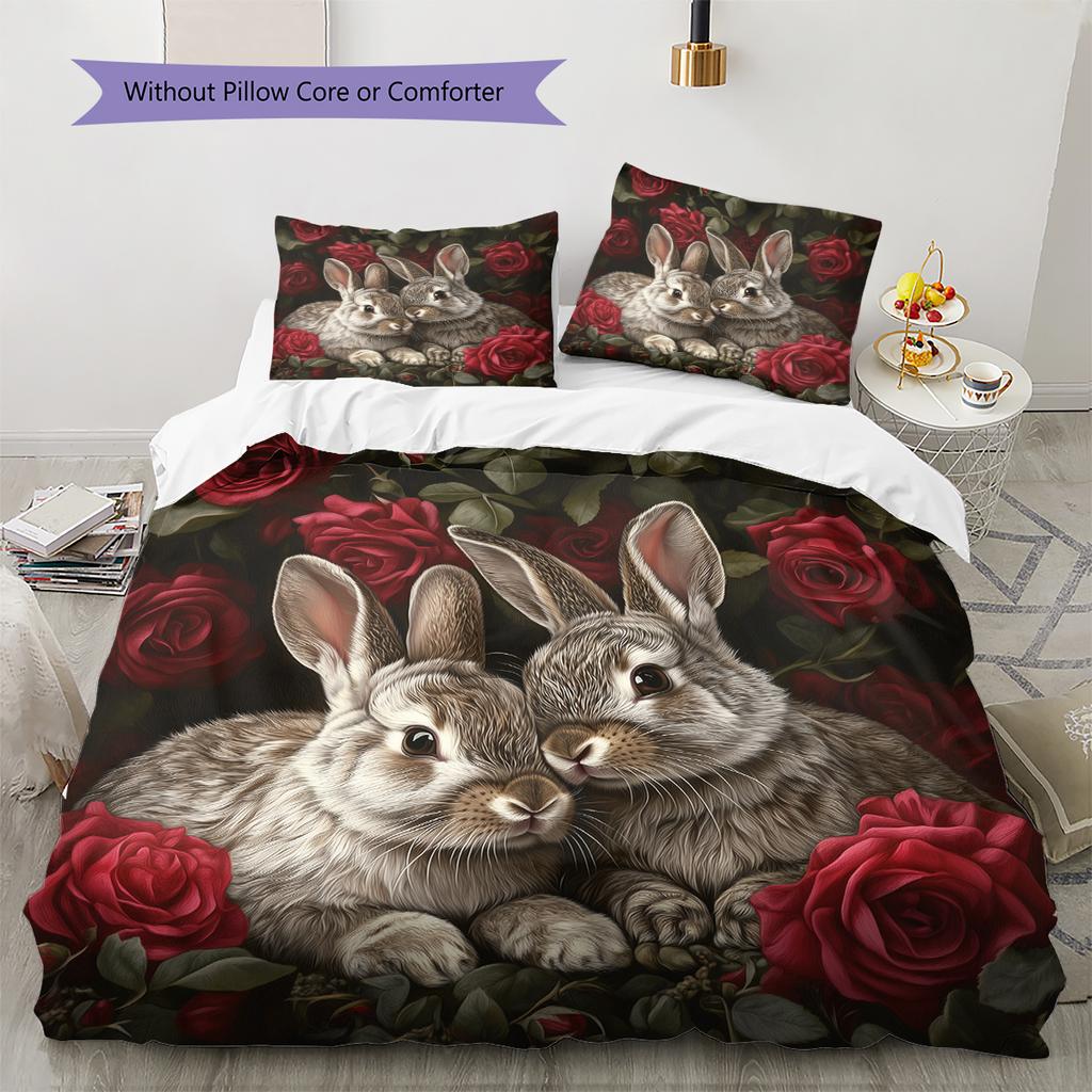 Rabbit and Fresh Flowers Pattern Bedding Home Decoration Birthday Gift (1 * duvet cover + 2 * pillowcase, without core)