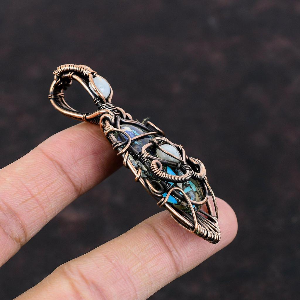 Evil Eye Copper Multi Turquoise Pendant Copper Wire Wrapped Pendant Moonstone Gemstone Pendant Copper Jewelry Gift For Her Handmade Pendant