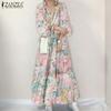 Women Casual V-neck Floral Print Long Sleeve Long Dress