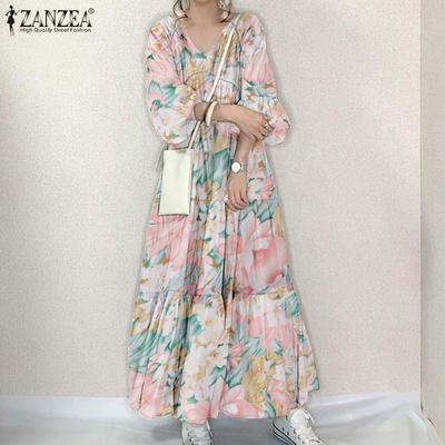 Женское повседневное платье с V-образным вырезом и цветочным принтом, с длинным рукавом