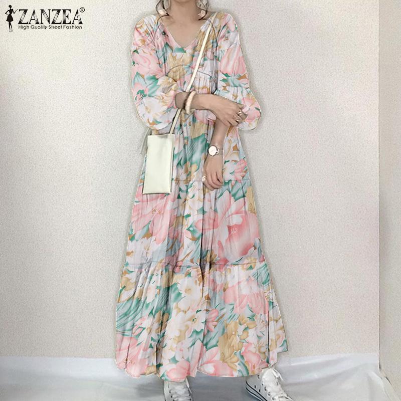 ZANZEA Women Casual V-neck Floral Print Long Sleeve Long Dress