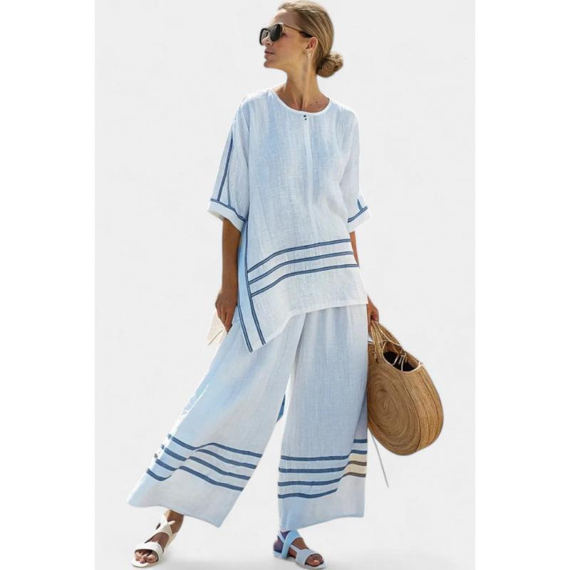 A new summer women's clothing, printed striped color matching medium-sleeved crew neck top, straight casual suit.