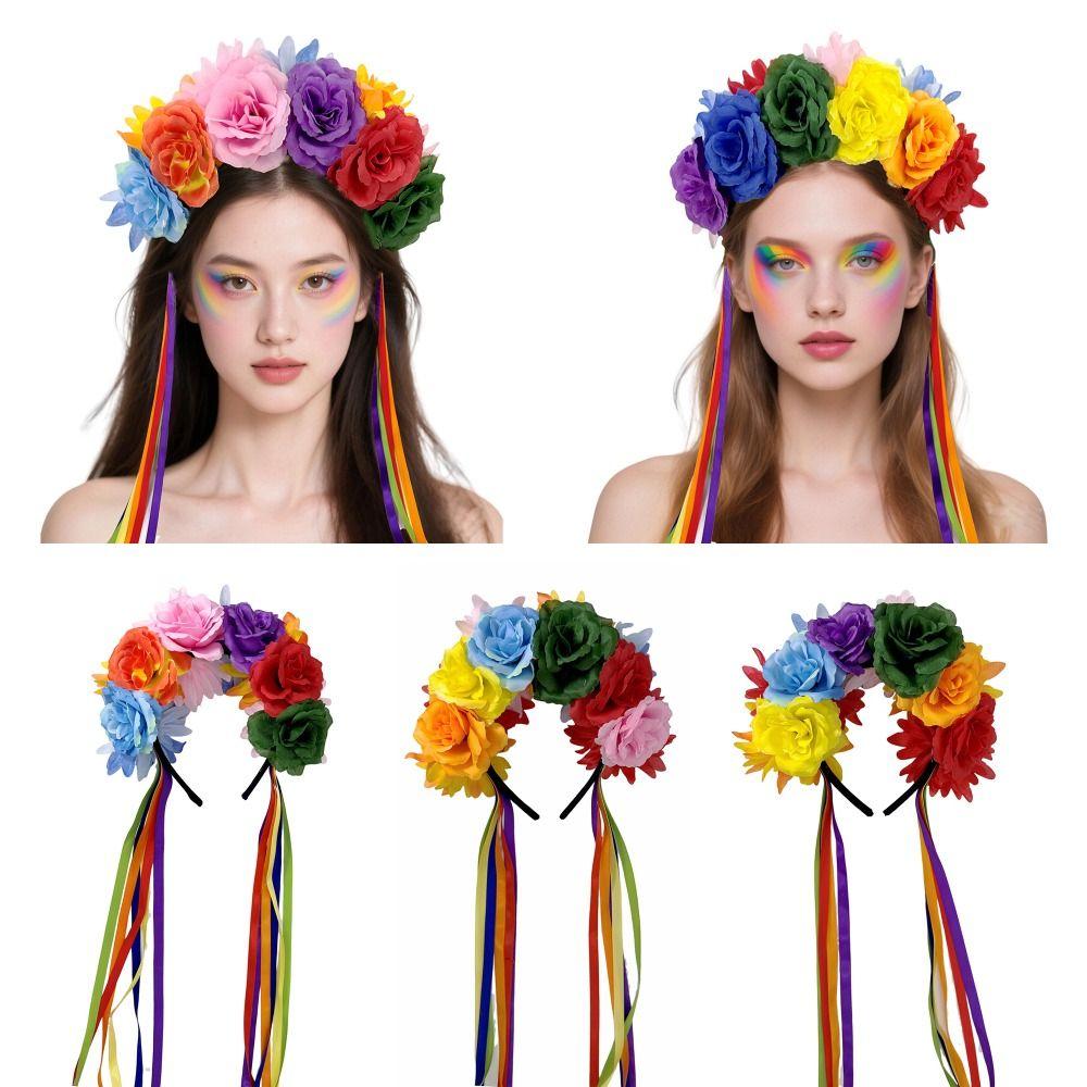 Artificial Flower Rainbow Flower Headband Ribbon Design Costume Floral Crown For Costume